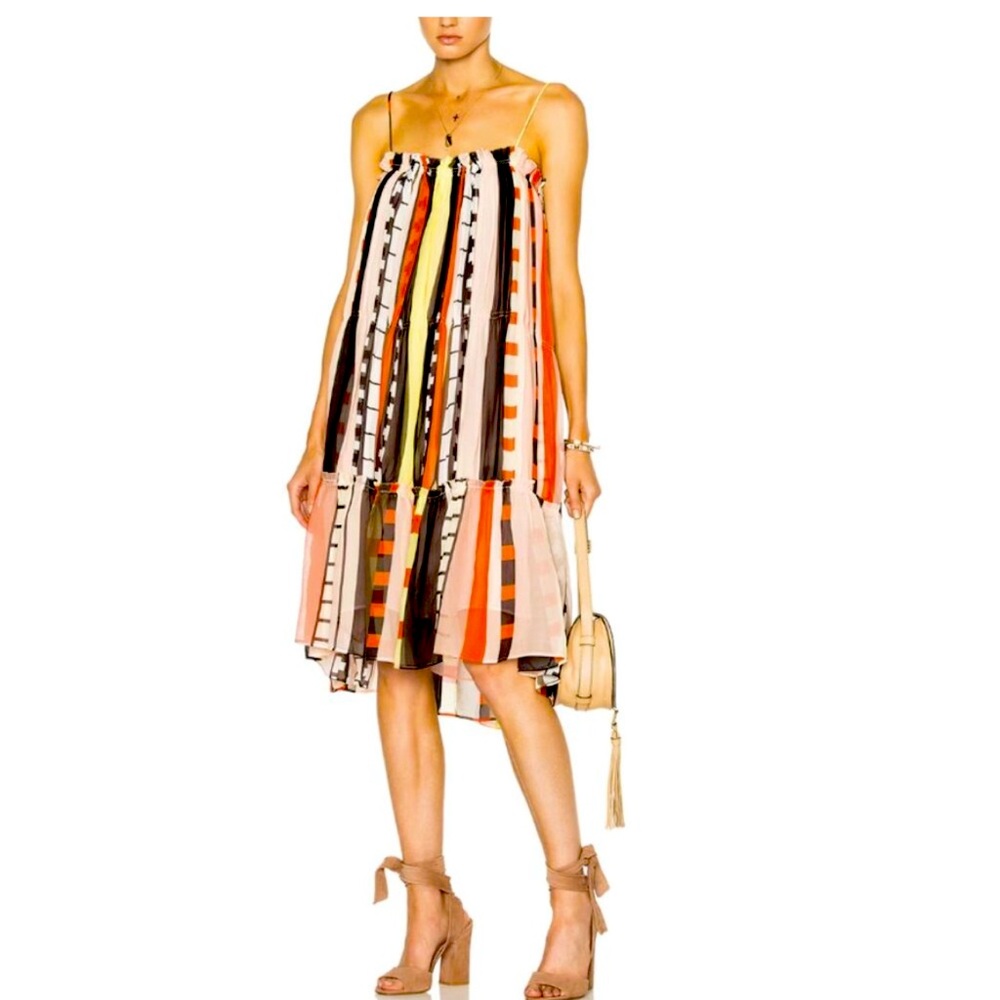 Apiece Apart Dafni Sweep Dress Abstract Soilel Stripes Silk Tent Tiered Size 6